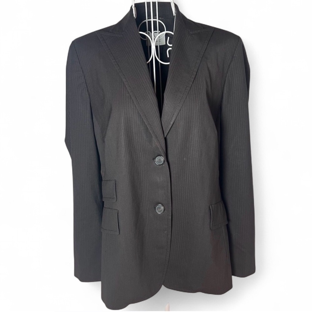Akris Punto Wool Blazer Jacket Double Button Dark Brown Pinstripe Academia Sz 10